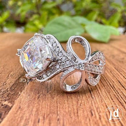 2.50 CT Step Cut Cushion Vintage Inspired Engagement Ring, Classic Bow Style Bridal Ring, Antique Moissanite Charm Ribbon Anniversary Ring