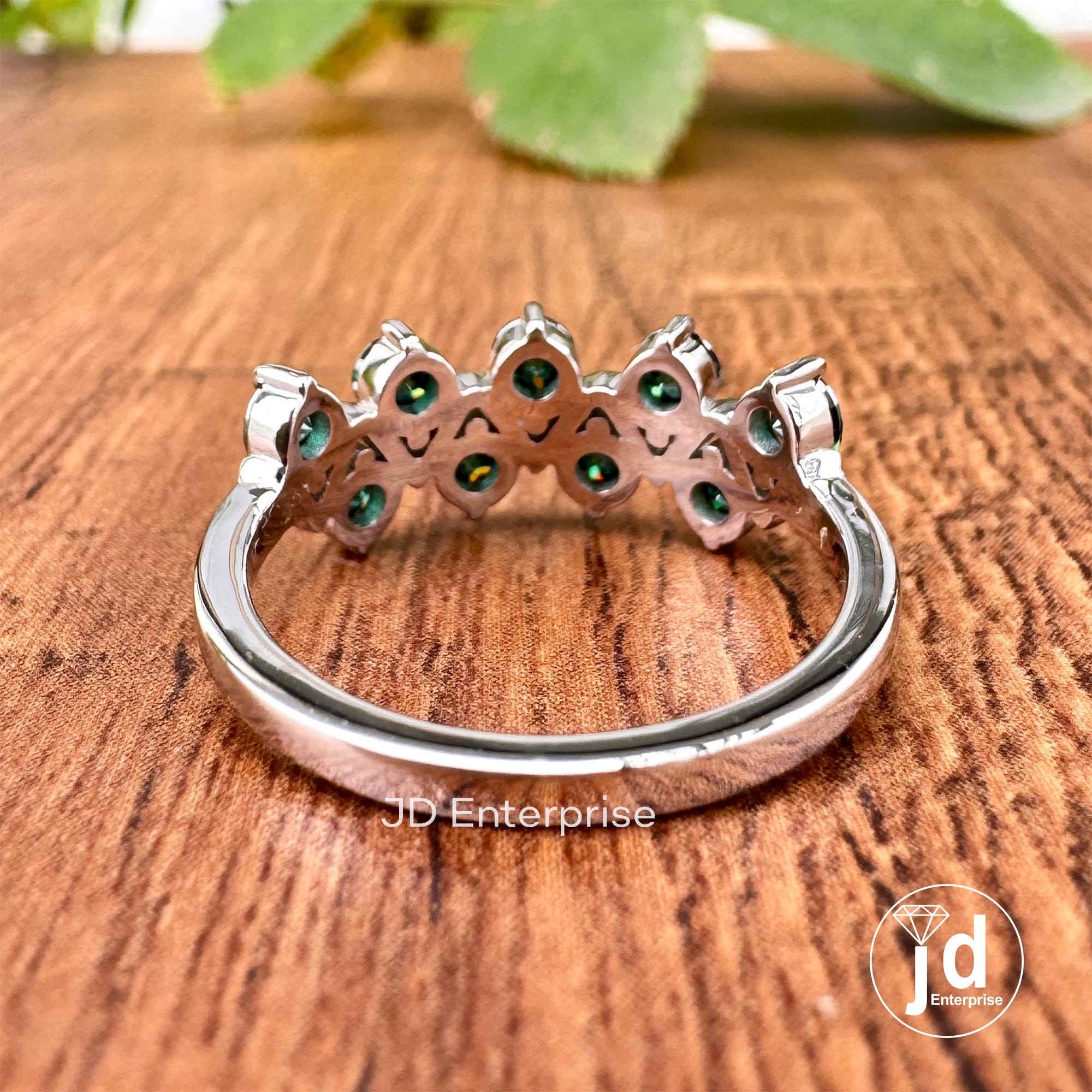 3.00 MM Round Cut Dark Green Moissanite Wedding Band, Half Eternity Anniversary Band, Matching Zigzag Band, Comfort Fit Engagement Band