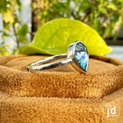 Timeless Bezel Set Engagement Ring, 1.00 CT Pear Rose Cut Blue Moissanite Propose Ring, Solitaire Wedding Ring, Anniversary Ring for Women