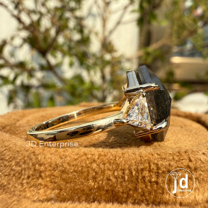 Raw Diamond Step Cut Hexagon & Triangle Moissanite, Salt and Pepper, Yellow Gold Engagement Ring, Three Stone Geometric Diamond Wedding Ring