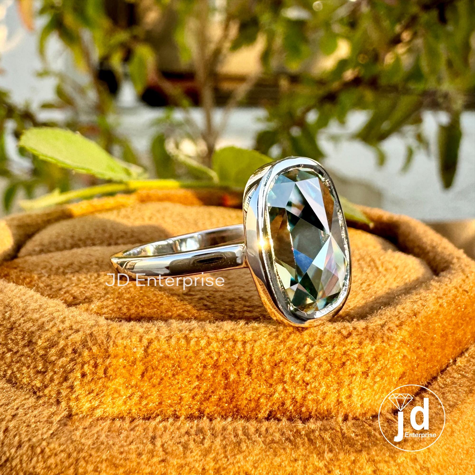4.00 CT Cushion Rose Cut Bluegreen Moissanite Engagement Ring, Bezel Set Solitaire Ring, Bridal Ring, Vintage Wedding Ring, Anniversary Ring