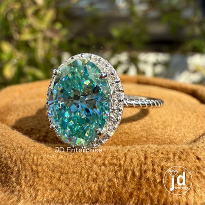 2.82 TCW Blue Oval Cut Moissanite Wedding Ring, Halo Engagement Ring, Twisted Rope Band, Anniversary Gifts, Bridesmaid Ring, Promise Ring