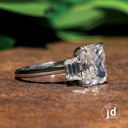 4.00 TW Colorless Radiant Cut Moissanite Ring, Side Trapezoid Moissanite, Three Stone Engagement Ring, Claw Prongs, Wedding Ring, Bride Ring