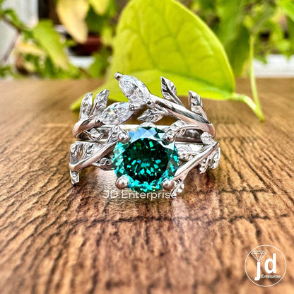 1.25 CT Portuguese Cut Green Moissanite Wedding Ring Set, Vintage Leaf Engagement Ring Set, Nature Inspired Anniversary Matching Band