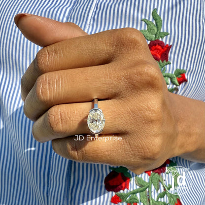 Old Mine Oval Cut Half Bezel Set Engagement Ring, 3.20 CT Near Colorless Solitaire Moissanite Wedding Ring, Euro Shank Ring, Bridal Ring