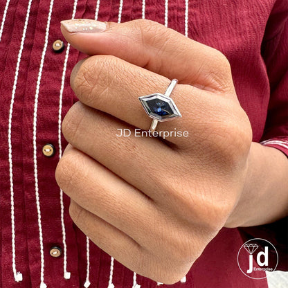 Dark Blue Solitaire Moissanite Engagement Ring, Dutch Marquise Cut Moissanite Ring, Moissanite Anniversary Ring, Bezel Set Bridesmaid Ring