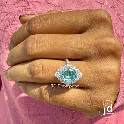 3.00 CT Blue Oval Step Cut Moissanite Engagement Ring, Cluster Halo Wedding Ring, Pave Set Bridal Ring, Anniversary Gifts Ring, Promise Ring