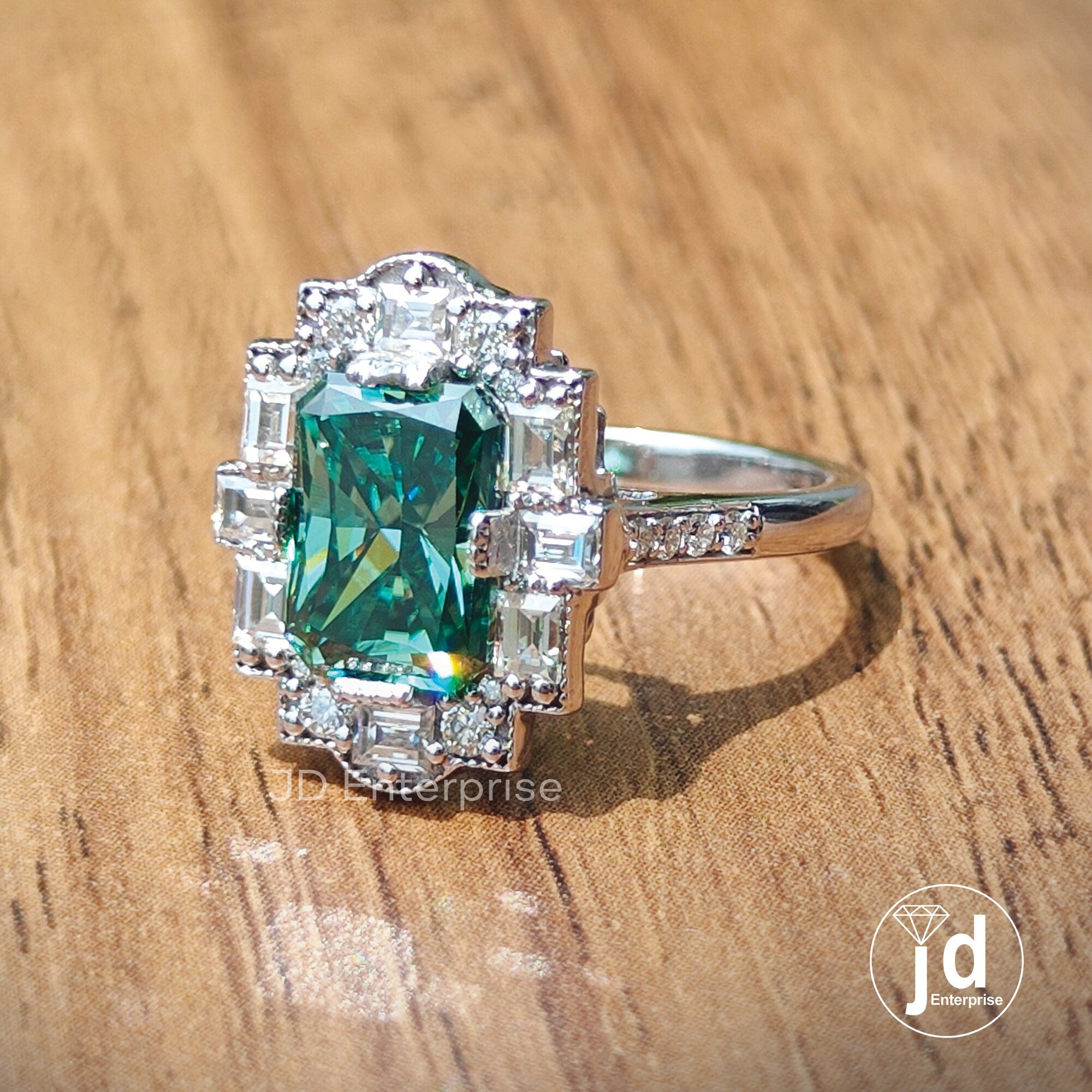 Vintage 2.0 CT Radiant Cut Green Moissanite Engagement Ring, Halo Wedding Ring, Milgrain Ring, Art Deco Ring, Anniversary Ring, Promise Ring