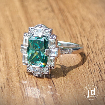 Vintage 2.0 CT Radiant Cut Green Moissanite Engagement Ring, Halo Wedding Ring, Milgrain Ring, Art Deco Ring, Anniversary Ring, Promise Ring