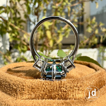 6.00 TW Emerald Cut Fancy Dark Green Moissanite Engagement Ring, Three Stone Wedding Ring, Side Stone Baguette, Anniversary Gift Bridal Ring