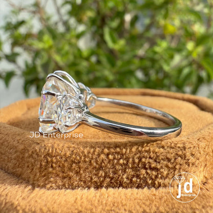 4.80 TW Colorless Cushion and Round Old Mine Cut Moissanite Ring, Vintage Style Three Stone Engagement Ring, Wedding Ring, Anniversary Gifts