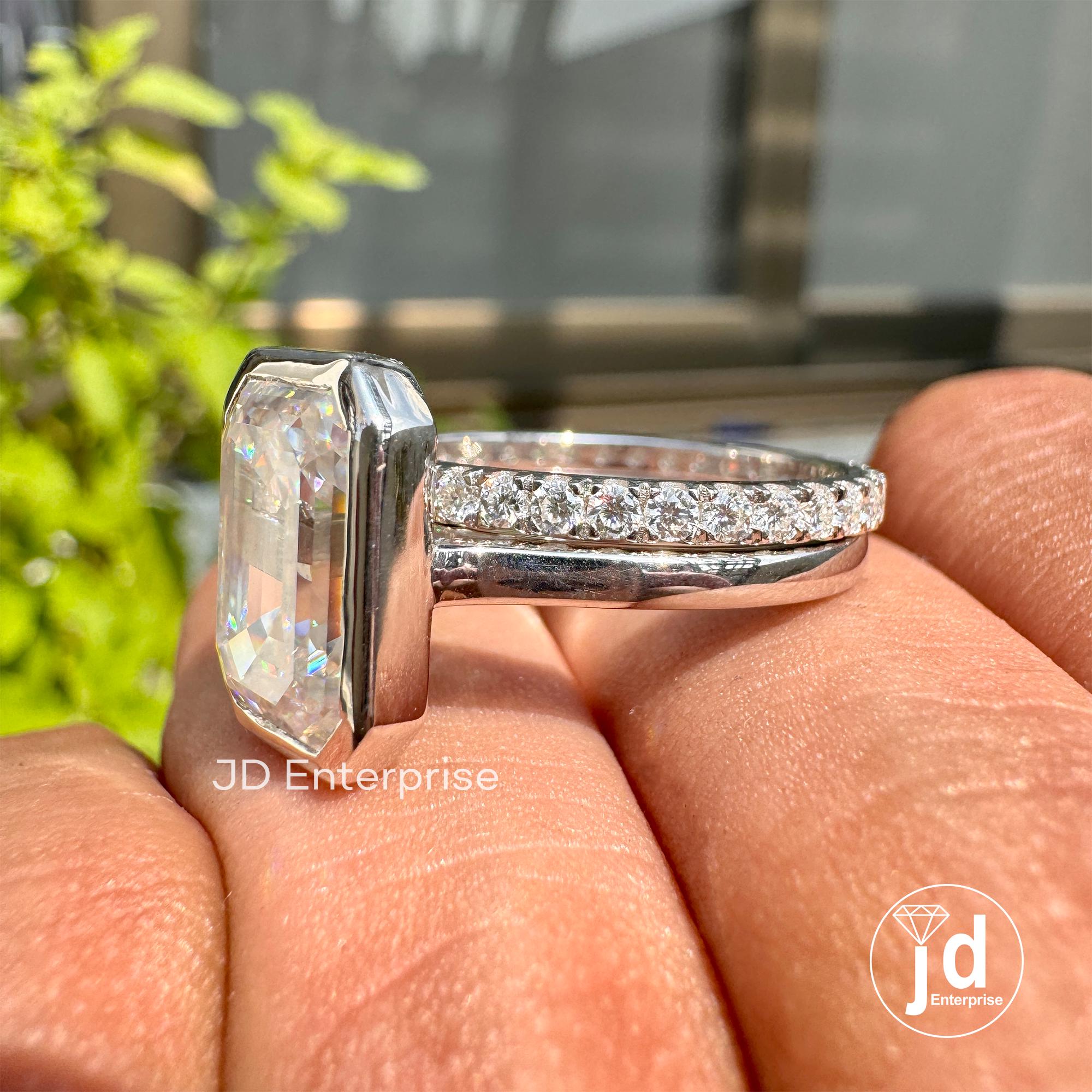 4.85 TCW Emerald Cut Colorless Moissanite Engagement Ring, Full Eternity Moissanite Wedding Band, Bezel Set Solitaire Bridal Ring Set