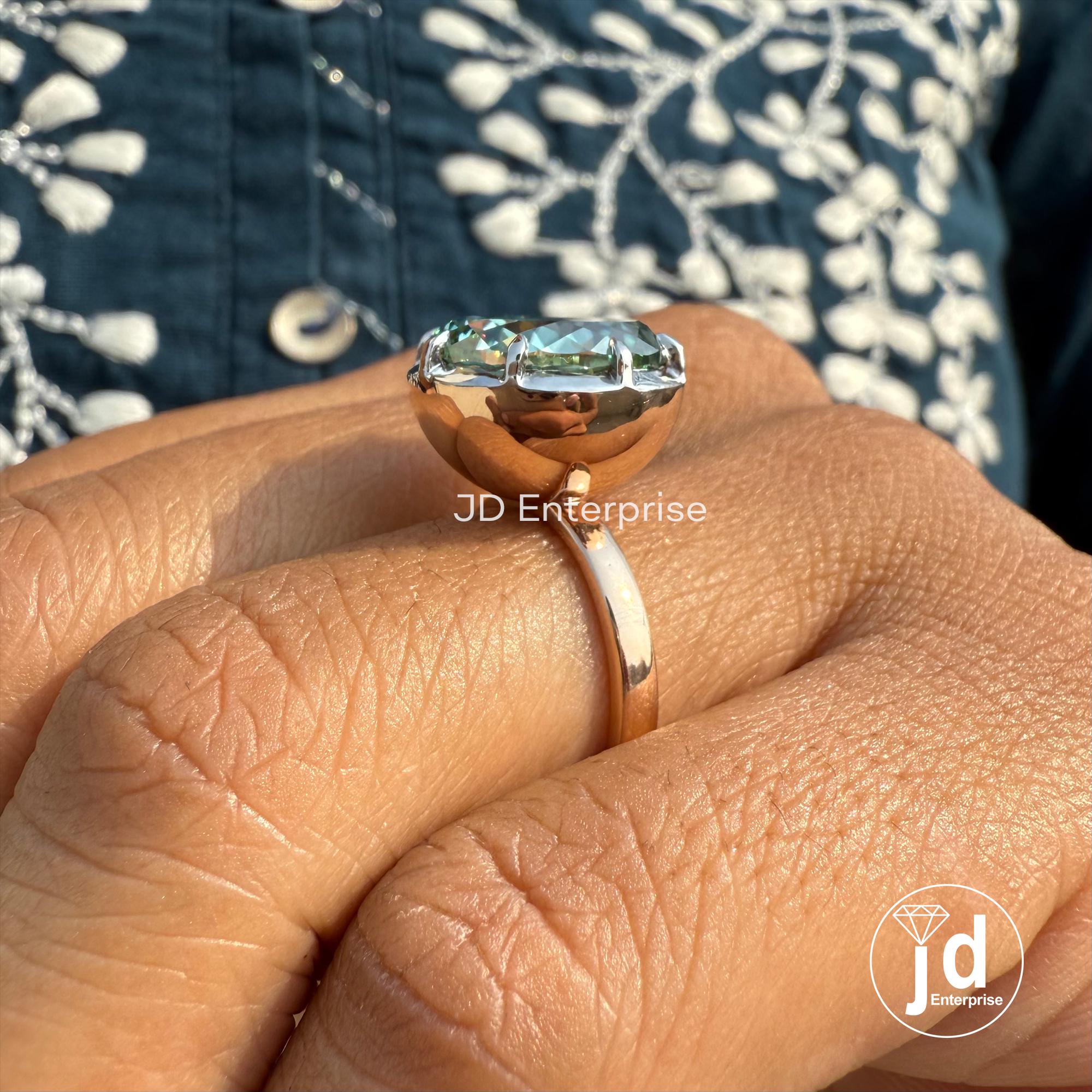 Two-Tone Bezel Engagement Ring, 7.75 CT Portuguese Cut Greenish Blue Moissanite Ring, Classic Solitaire Wedding Ring, Anniversary Gift