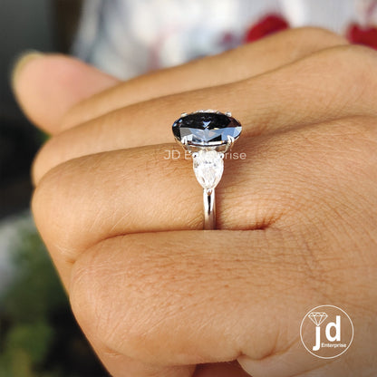1.70 CT Dark Grey Oval Cut Moissanite Engagement Ring, Three Stone Wedding Ring, Crystal & Clear Pear Stone, Anniversary Gifts, Bridal Ring