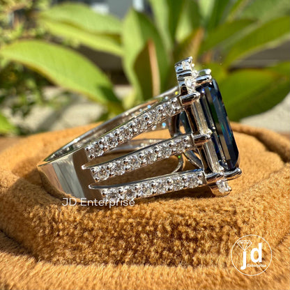 Large 6.70 CT Emerald Cut Royal Blue Moissanite Engagement Ring, Pave Split Shank Wedding Ring, Baguette & Round Halo Ring, Anniversary Gift