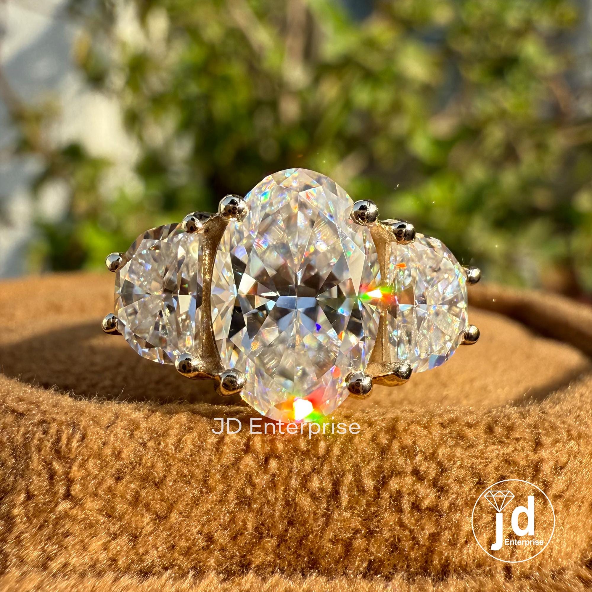 3.33 TCW Oval Cut Moissanite Engagement Ring, Side Stone Half Moon, Yellow Gold Three Stone Wedding Ring, Anniversary Ring, Trilogy Ring