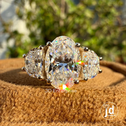 3.33 TCW Oval Cut Moissanite Engagement Ring, Side Stone Half Moon, Yellow Gold Three Stone Wedding Ring, Anniversary Ring, Trilogy Ring