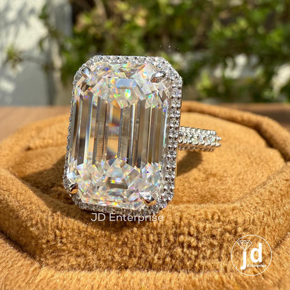 Big 11.00 CT Emerald Cut Colorless Moissanite Engagement Ring, Halo with Hidden Halo Wedding Ring, Celebrity Style Three Side Pave Ring