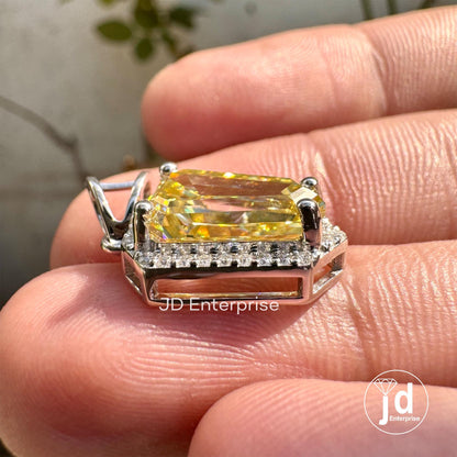4.00 CT Coffin Cut Canary Yellow Moissanite Pendant, Pendant for Necklace, Halo Wedding Pendant, Antique Moissanite White/Yellow/Rose Gold