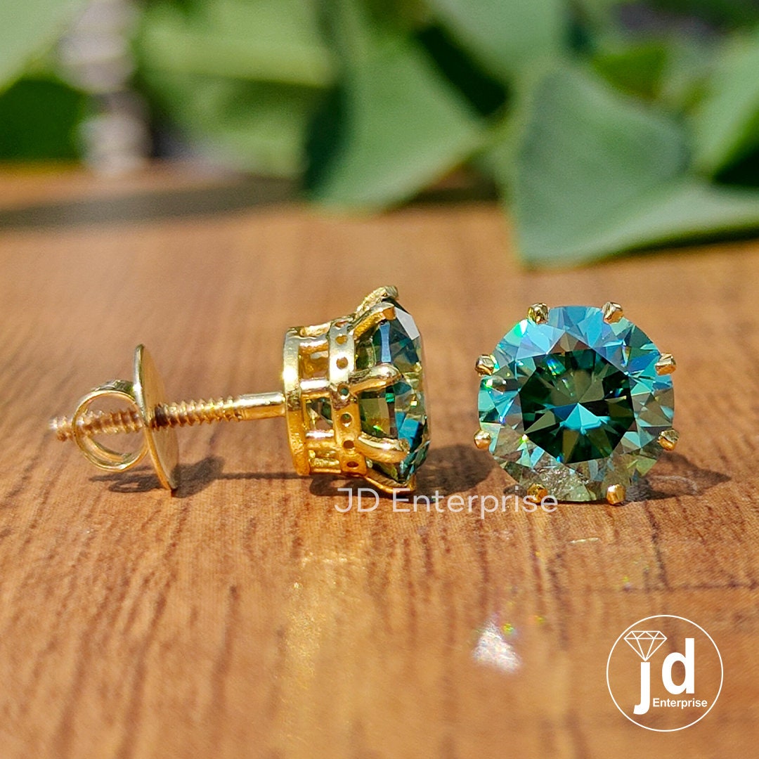 Green Moissanite Earrings, Moissanite Stud Earrings, 3.50 TW Round Moissanite Earrings, 8 Secure Prong, Vintage Bridal Earrings for Women