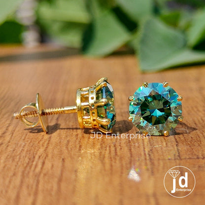 Green Moissanite Earrings, Moissanite Stud Earrings, 3.50 TW Round Moissanite Earrings, 8 Secure Prong, Vintage Bridal Earrings for Women