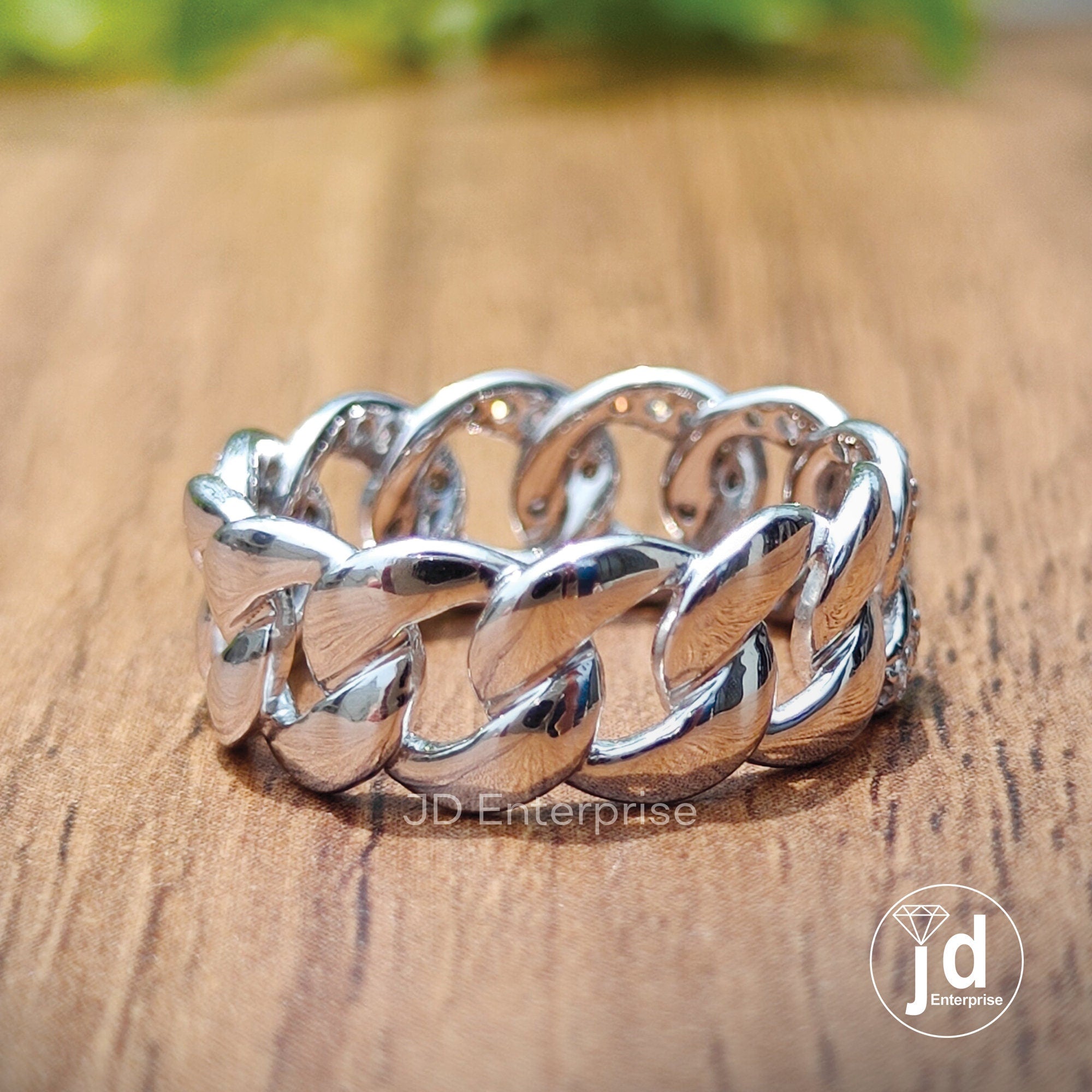 Mexican Cuban Link Ring, Colorless Fiery Round Brilliant Cut Moissanite Wedding Band for Groom, Men's Band, Half Eternity Ring for Him