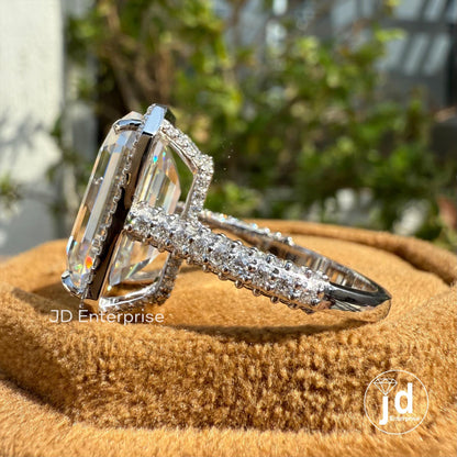 Big 11.00 CT Emerald Cut Colorless Moissanite Engagement Ring, Halo with Hidden Halo Wedding Ring, Celebrity Style Three Side Pave Ring