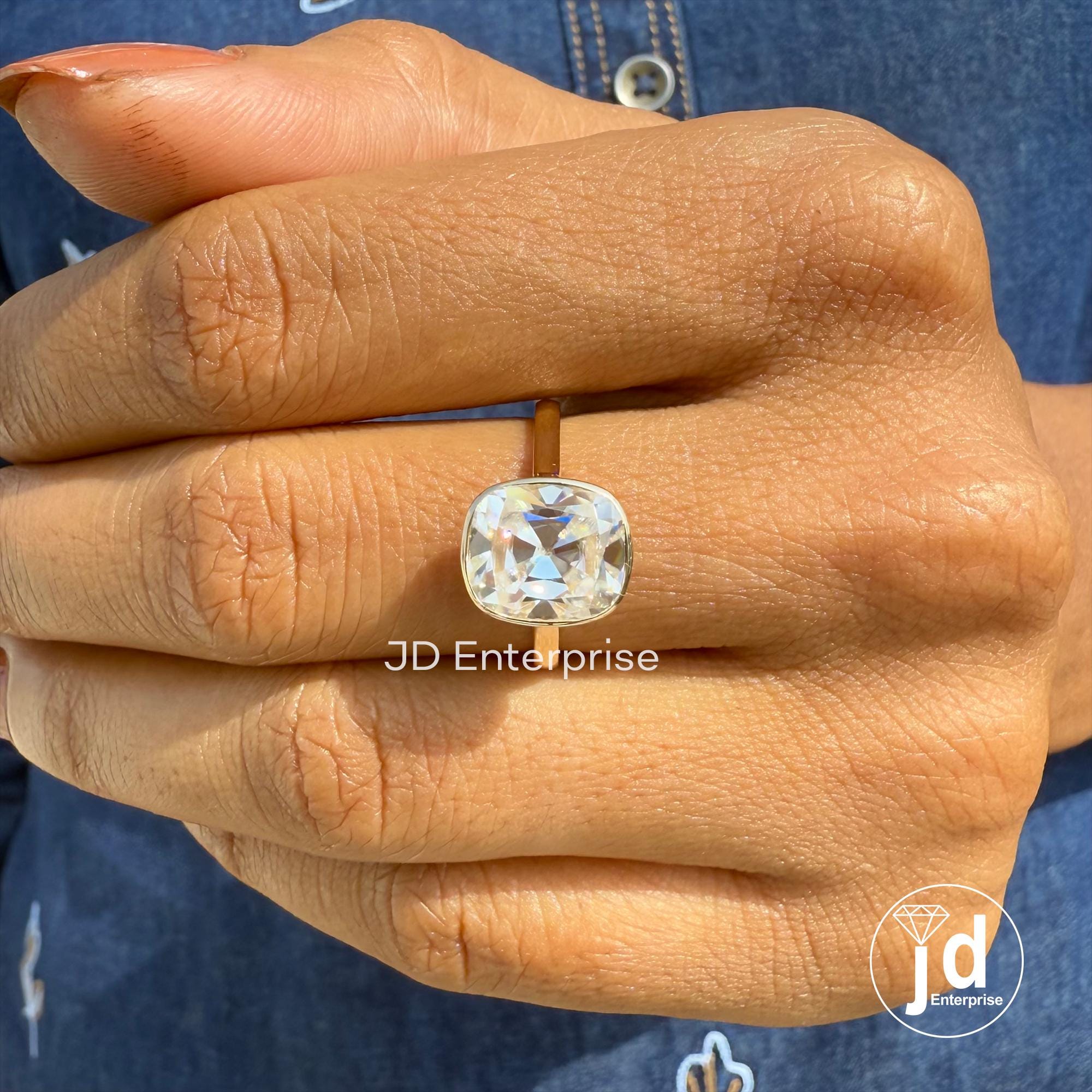 Bezel Set Solitaire Engagement Ring, 3.35 CT Colorless Cushion Old Mine Cut Moissanite Wedding Ring, Bridal Ring, Anniversary Gift Ring