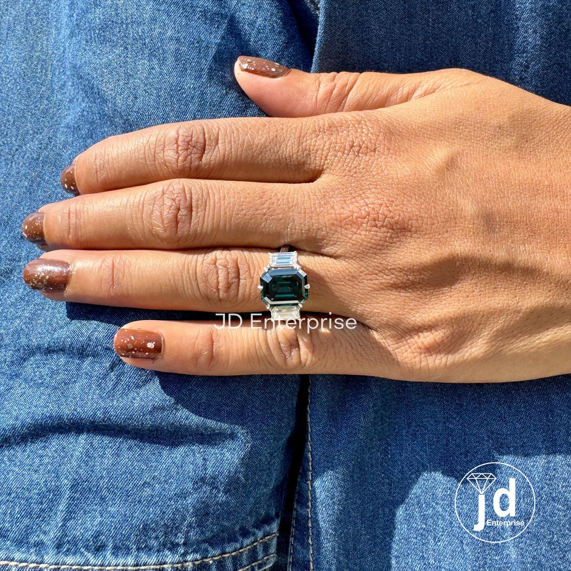 6.00 TW Emerald Cut Fancy Dark Green Moissanite Engagement Ring, Three Stone Wedding Ring, Side Stone Baguette, Anniversary Gift Bridal Ring