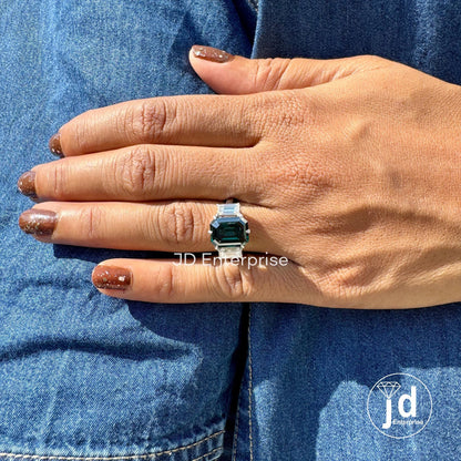 6.00 TW Emerald Cut Fancy Dark Green Moissanite Engagement Ring, Three Stone Wedding Ring, Side Stone Baguette, Anniversary Gift Bridal Ring