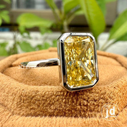Bezel Set Radiant Cut Canary Yellow Moissanite Engagement Ring, Crushed Ice Radiant Solitaire Bezel Setting Wedding Ring, Anniversary Gifts