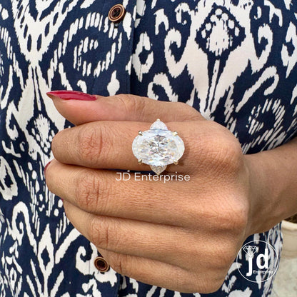 Three Stone Oval Engagement Ring, Luxury Wedding Ring, 13.50 TCW Oval & Heart Shape Celebrity Style Bridal Ring, Large Oval Yellow Gold Ring