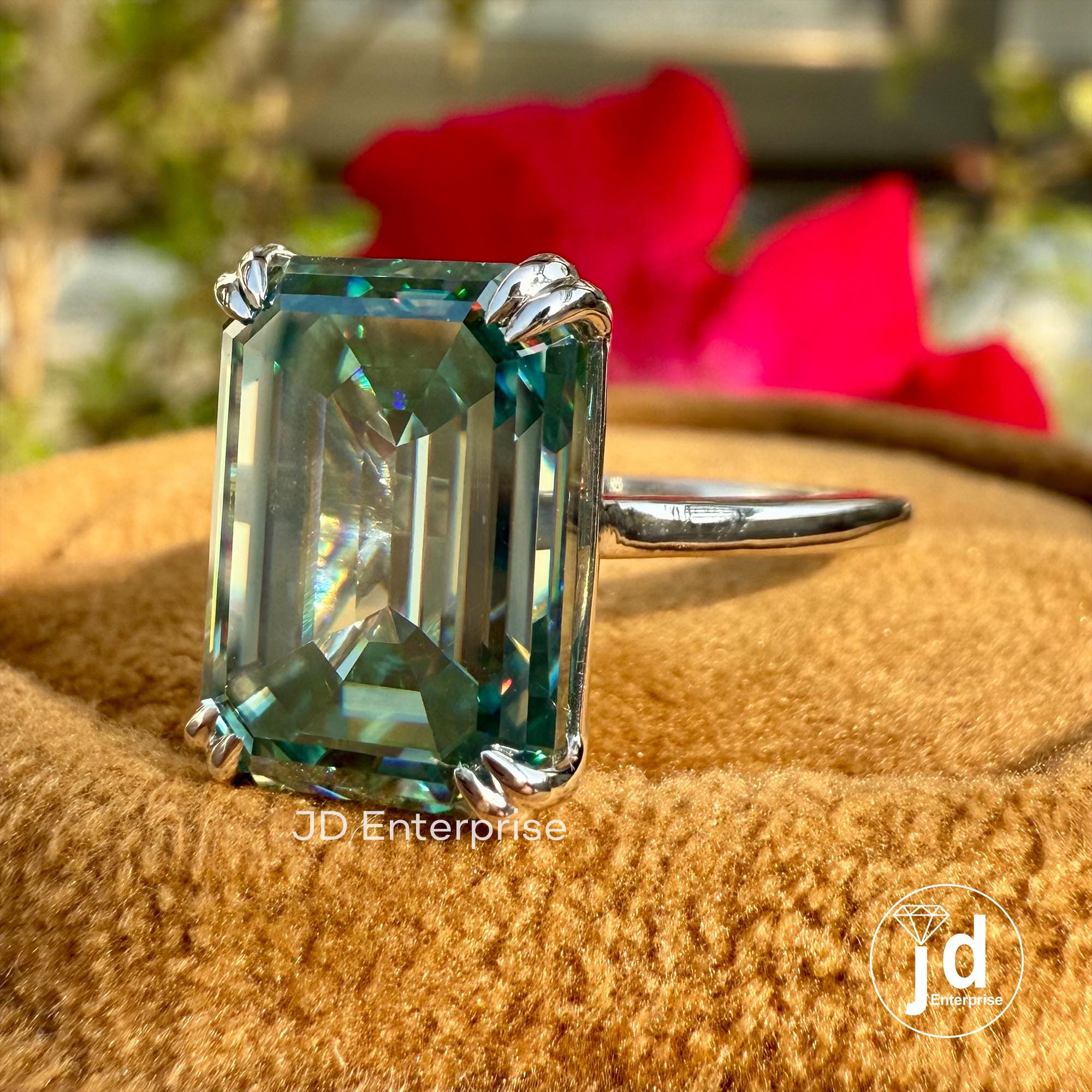 Emerald Moissanite Ring, Solitaire Moissanite Wedding Ring, Greenish Blue Moissanite Engagement Ring, Double Claw Prongs, Anniversary Ring