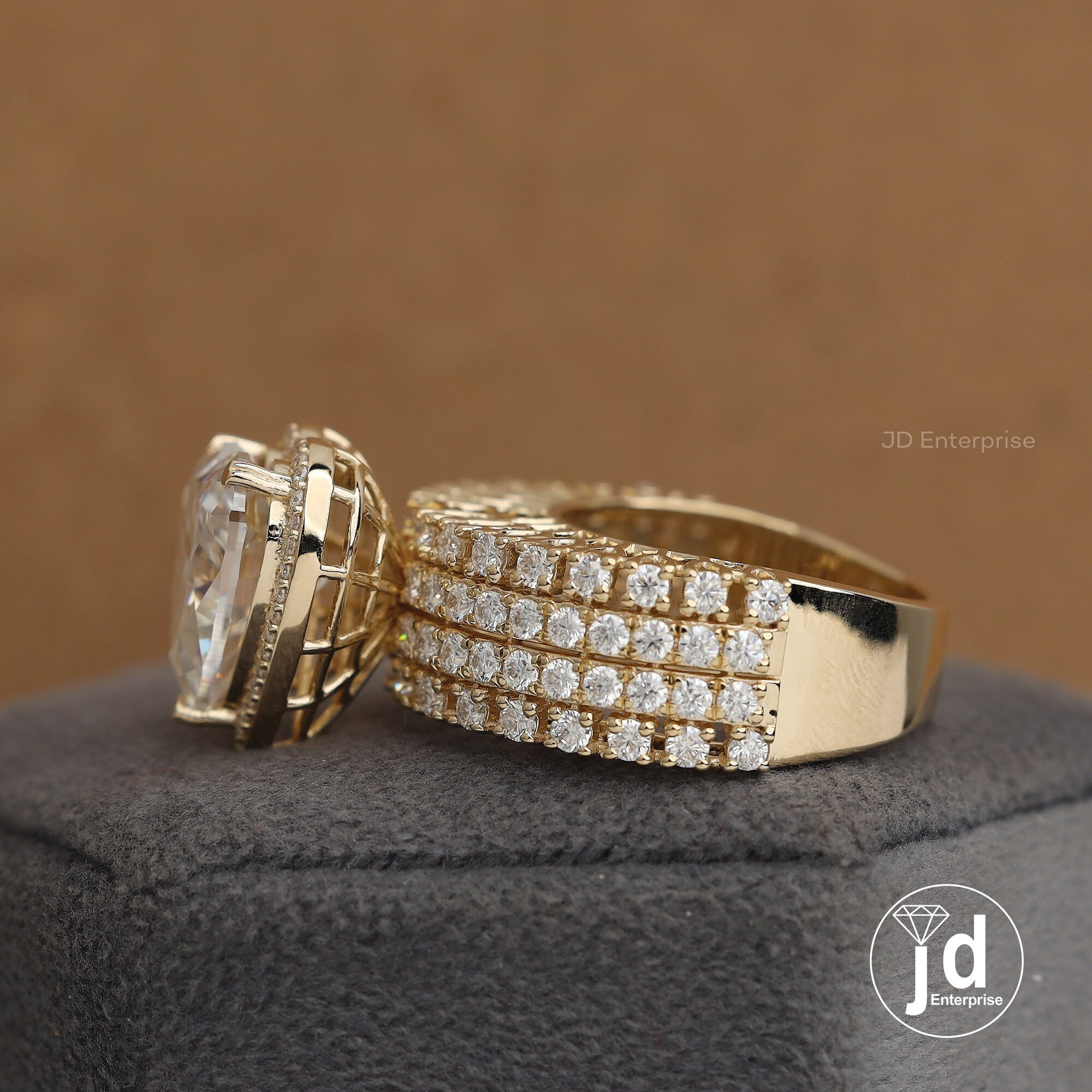 6.00 CT Colorless Heart Shape Moissanite Halo Engagement Ring, Tulip Basket Set Wedding Ring, Four Row Pave Accent Ring, Yellow Gold Ring