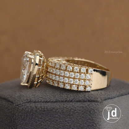 6.00 CT Colorless Heart Shape Moissanite Halo Engagement Ring, Tulip Basket Set Wedding Ring, Four Row Pave Accent Ring, Yellow Gold Ring