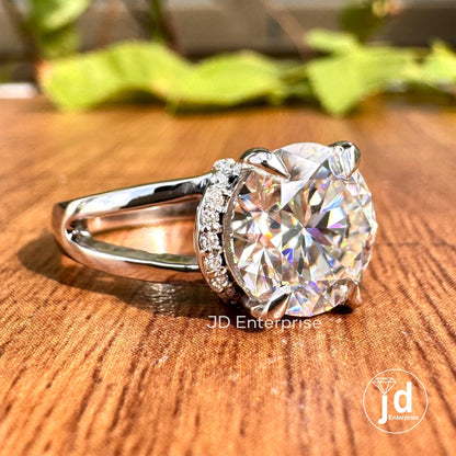 Vintage Style Engagement Ring, 3.50 CT Colorless Round Cut Moissanite Ring, Half Halo Ring, Split Shank Wedding Ring, Bridal Ring