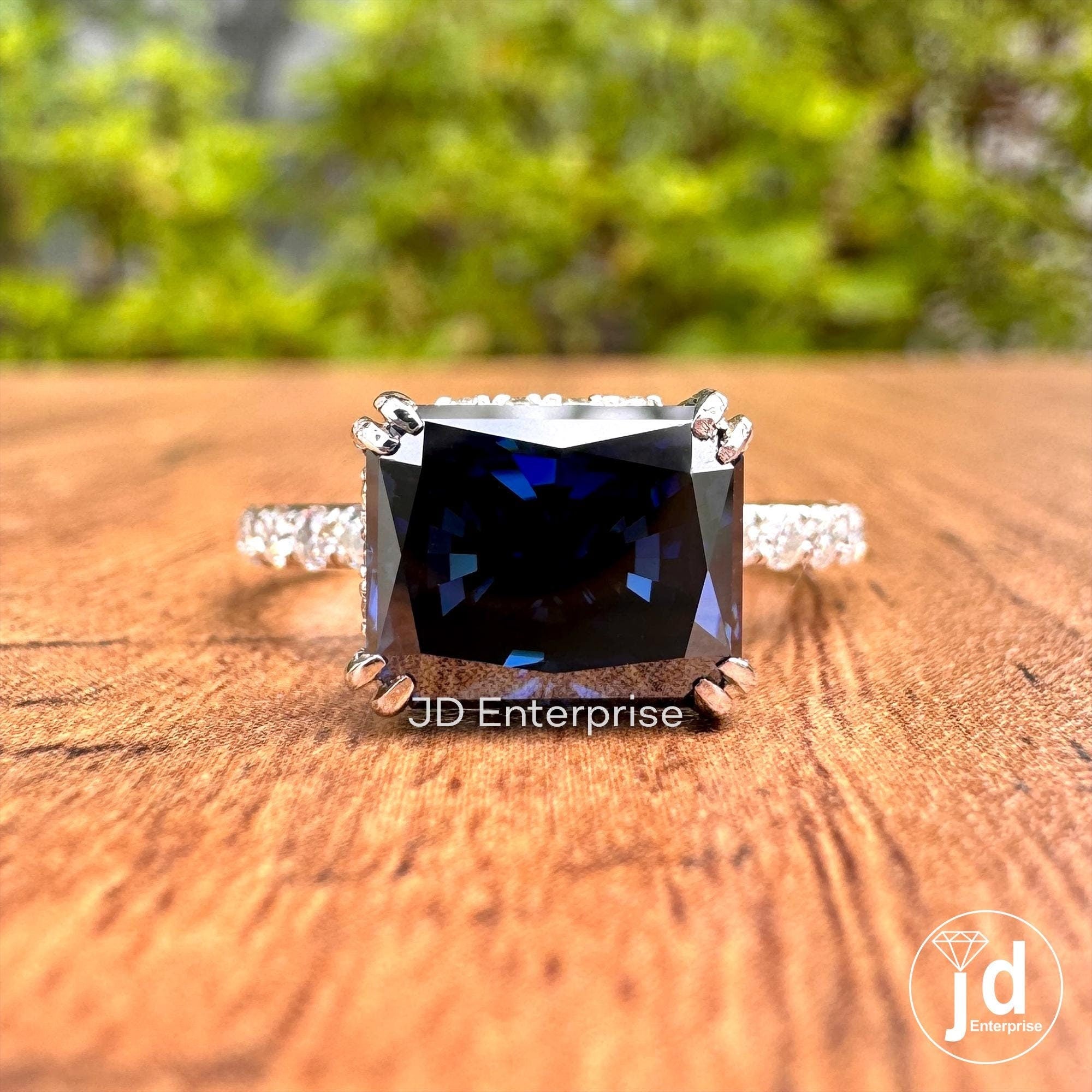 3.06 TCW Dark Blue Radiant Cut Moissanite Engagement Ring, East to West Set Anniversary Ring, Hidden Halo Wedding Ring, Pave Set Bridal Ring