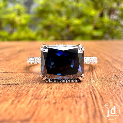 3.06 TCW Dark Blue Radiant Cut Moissanite Engagement Ring, East to West Set Anniversary Ring, Hidden Halo Wedding Ring, Pave Set Bridal Ring
