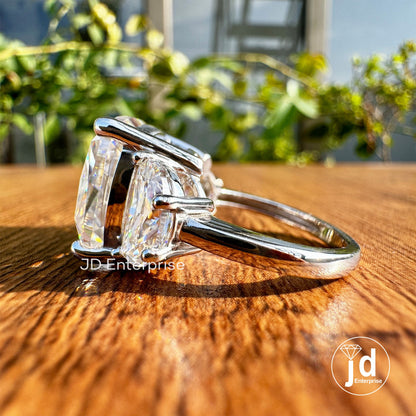 14.50 CT Crushed Ice Cushion & Half Moon Cut Moissanite Engagement Ring, Three Stone Wedding Ring, Big Size Moissanite Ring for Women