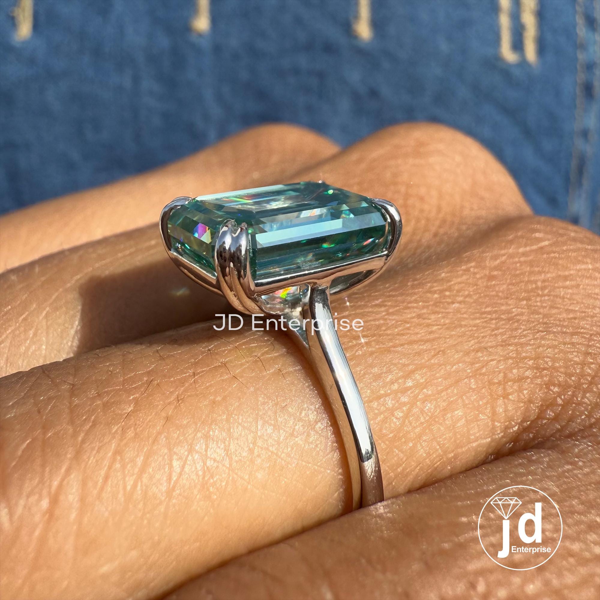 Emerald Moissanite Ring, Solitaire Moissanite Wedding Ring, Greenish Blue Moissanite Engagement Ring, Double Claw Prongs, Anniversary Ring