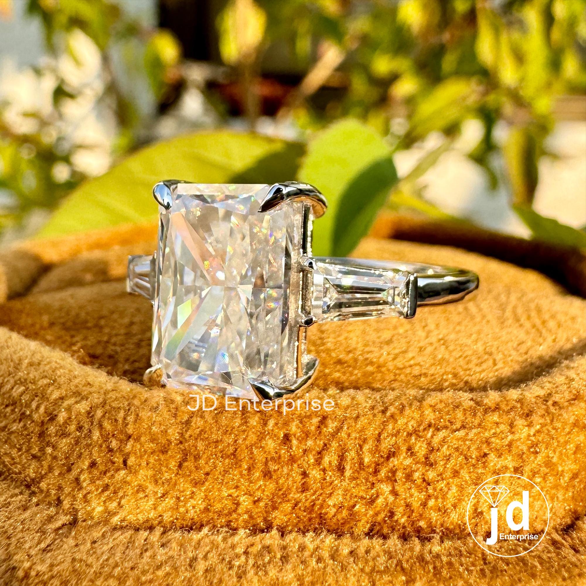 Three Stone Moissanite Wedding Ring, 4.80 TCW Radiant Cut & Tapered Baguette Moissanite Engagement Ring, Anniversary Gift, Bridal Ring