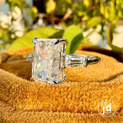 Three Stone Moissanite Wedding Ring, 4.80 TCW Radiant Cut & Tapered Baguette Moissanite Engagement Ring, Anniversary Gift, Bridal Ring