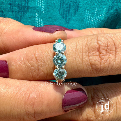 1.40 TCW Round Cut Cyan Blue Moissanite Engagement Ring, Three Stone Wedding Ring, Yellow Gold Promise Ring, Anniversary Gift, Travel Ring
