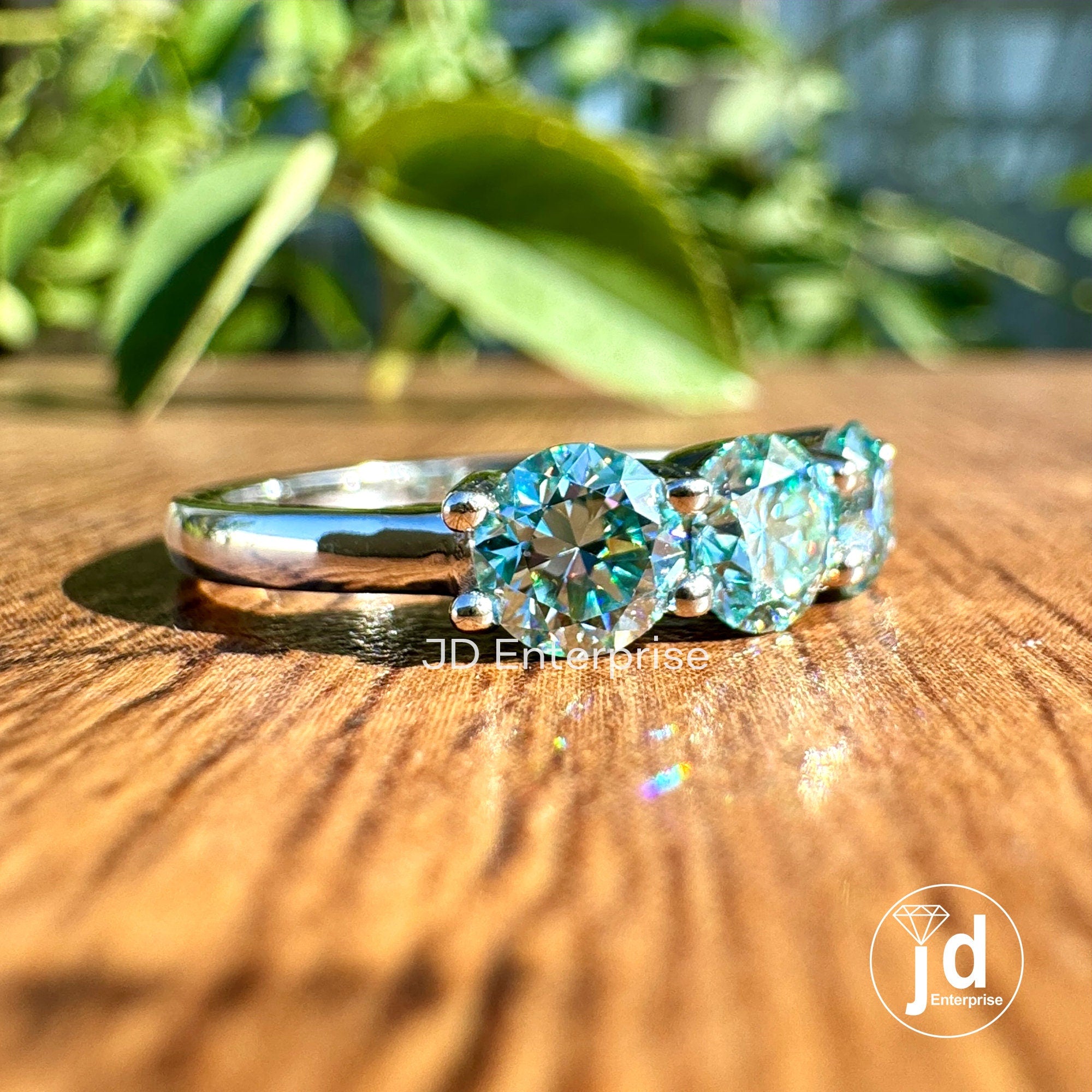 1.40 TW Round Cut Cyan Blue Moissanite Engagement Ring, Three Stone Wedding Ring, White/Yellow/Rose Gold Promise Ring, Anniversary Gift Ring