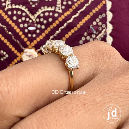 5.00TCW Old Mine Cushion Moissanite Engagement Ring, Old Mine Moissanite Five Stone Wedding Band, Vintage Style Yellow Gold Anniversary Ring
