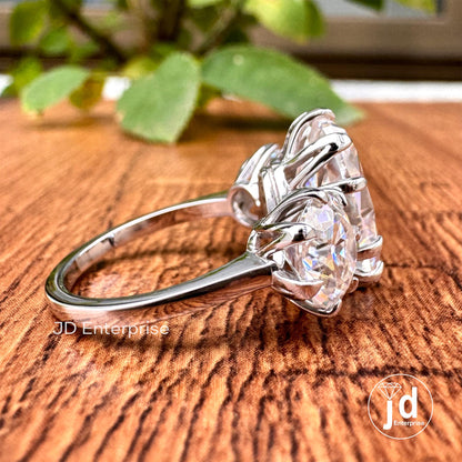 8.00 TW Colorless Oval and Round Old Mine Cut Moissanite Ring, Vintage Style Engagement Ring, Three Stone Wedding Ring, Celebrity Style Ring