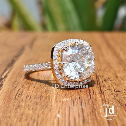 5.00 CT Colorless Cushion Cut Engagement Ring, Double Claw Prongs, Halo Wedding Ring, Bridal Ring, Celebrity Style Pave Set Anniversary Ring