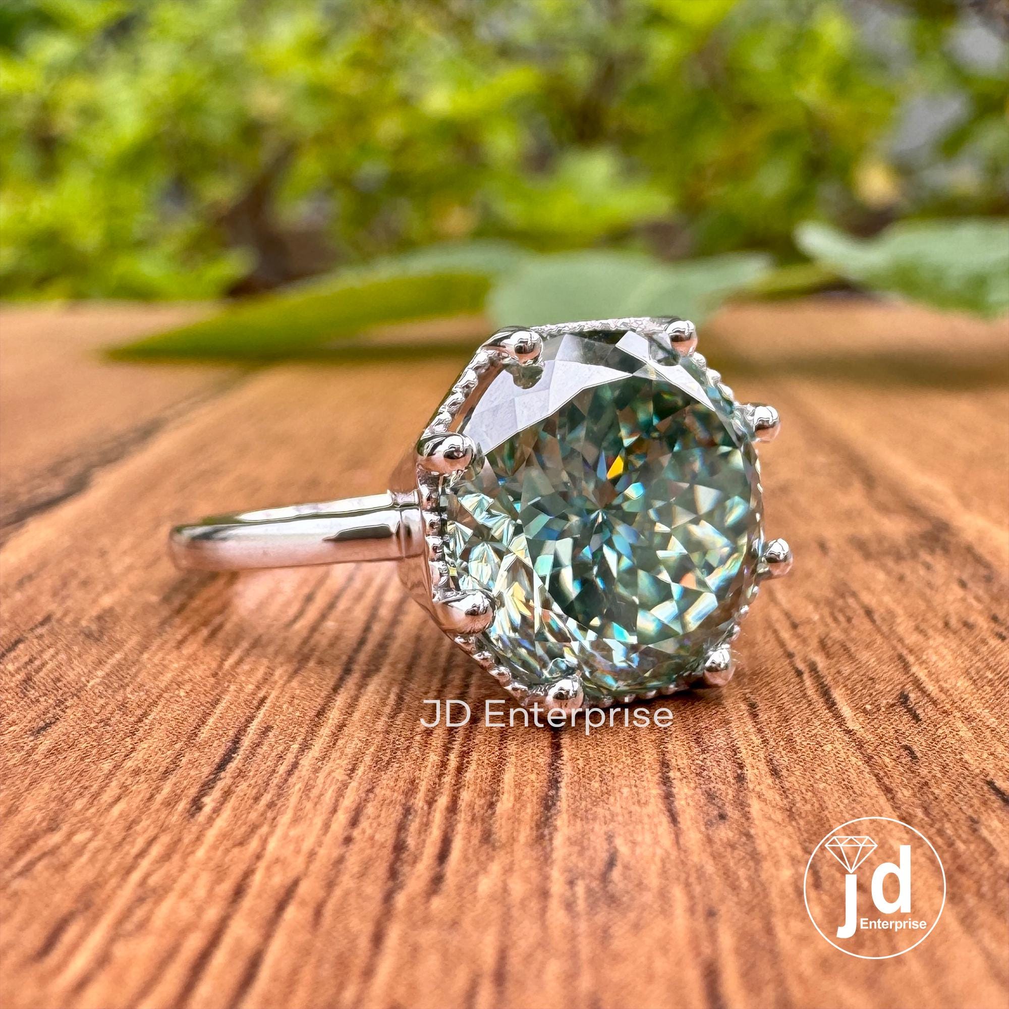 5.0CT Portuguese Cut Bluegreen Moissanite Engagement Ring, Solitaire Moissanite Ring, Milgrain Set Anniversary Ring Eight Prong Wedding Ring