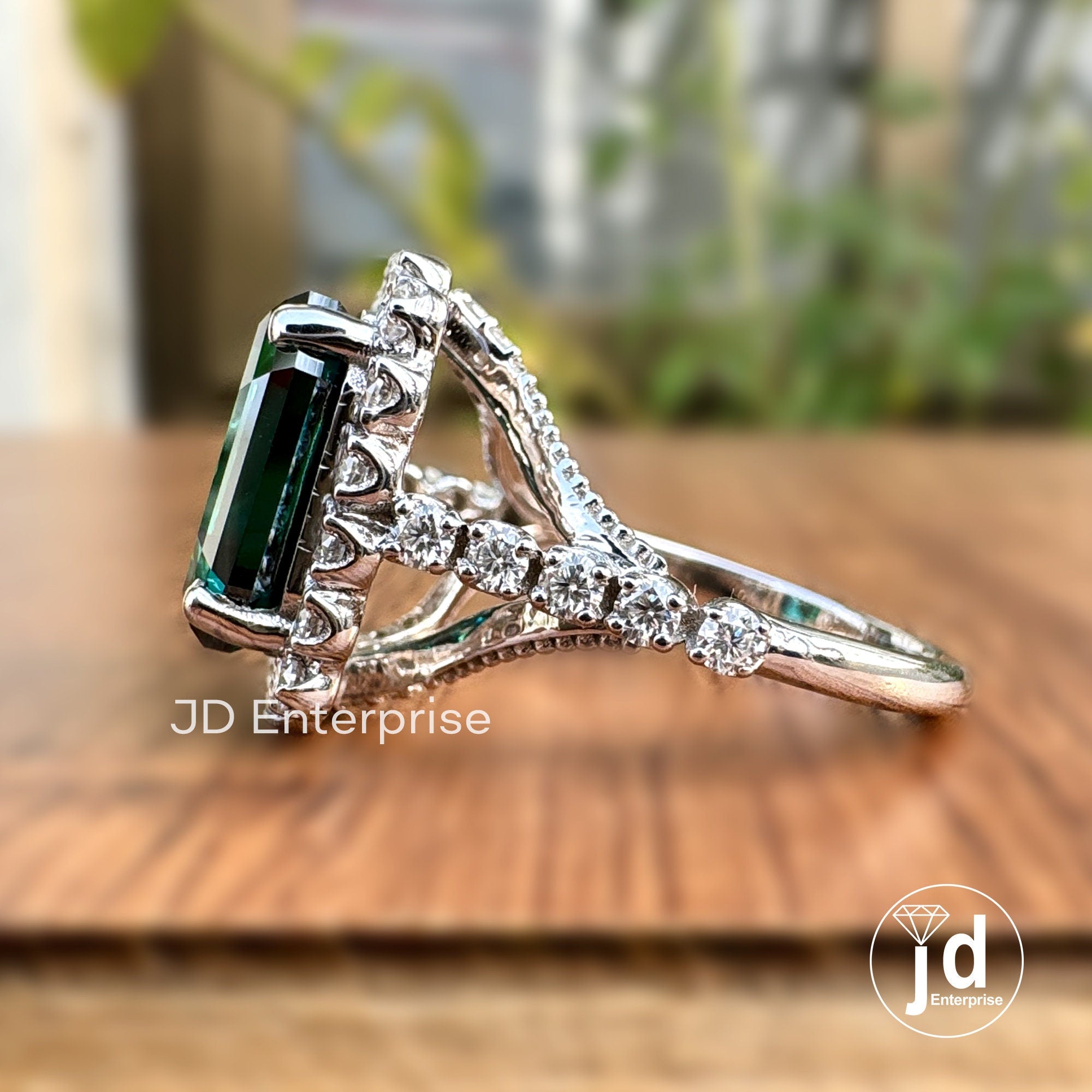 4.87 TCW Emerald Cut Dark Green Moissanite Engagement Ring, Halo Ring, Wedding Ring, Pave Split Shank Ring, Milgrain Ring, Art Deco Ring
