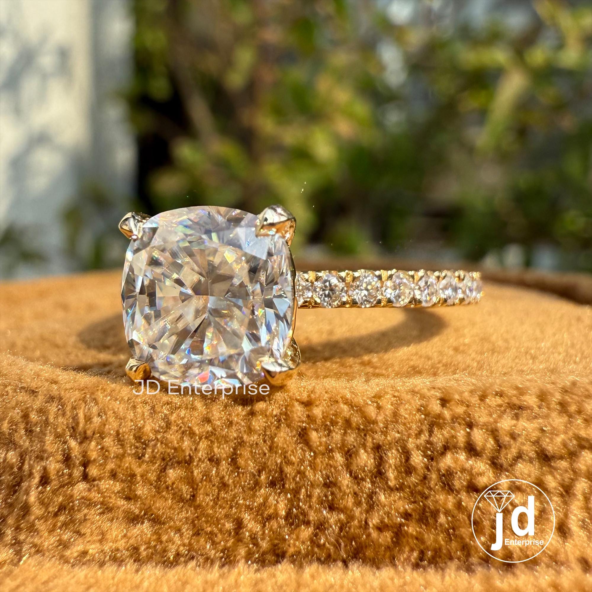 Cushion Moissanite Engagement Ring with Pave Cathedral Shank Setting, Wedding Ring for Her, Anniversary Gifts, Handmade Yellow Gold Ring